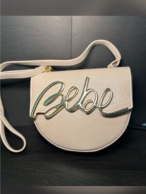 bebe Gabriel Taupe Saddle Crossbody Bag with Script Logo